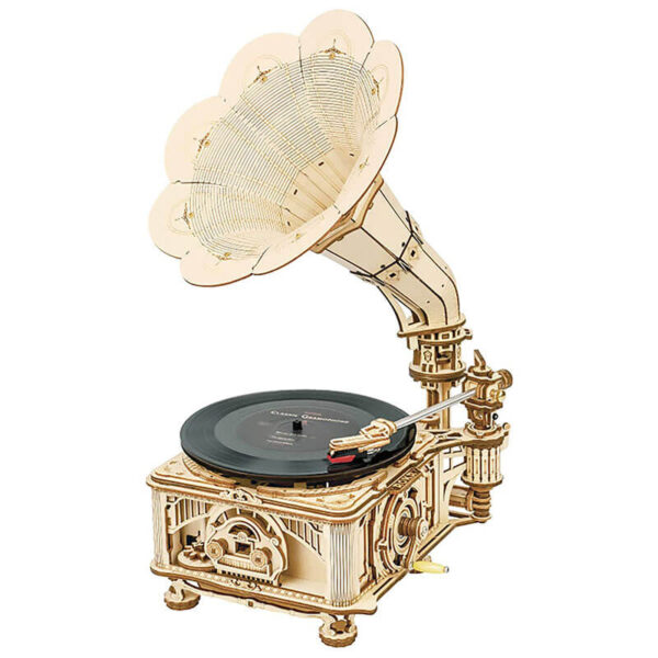 robotime rokr LKB01 Classical Gramophone Mechanical Gear ROKR Kit en madera para montar un Gramófono Clásico en madera de 424 piezas. Reproduce discos de vinilo de menos de 10 pulgadas, incluye 1 disco con 3 melodías.