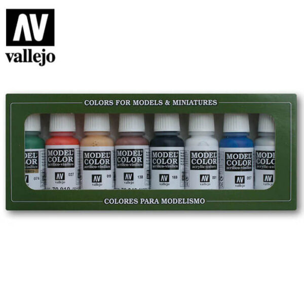 acrylicos vallejo AV70103 Wargames Basics El juego incluye 8 colores básicos acrílicos Model Color de 17 ml. para pintar maquetas, figuras y dioramas. Incluye una carta de colores.