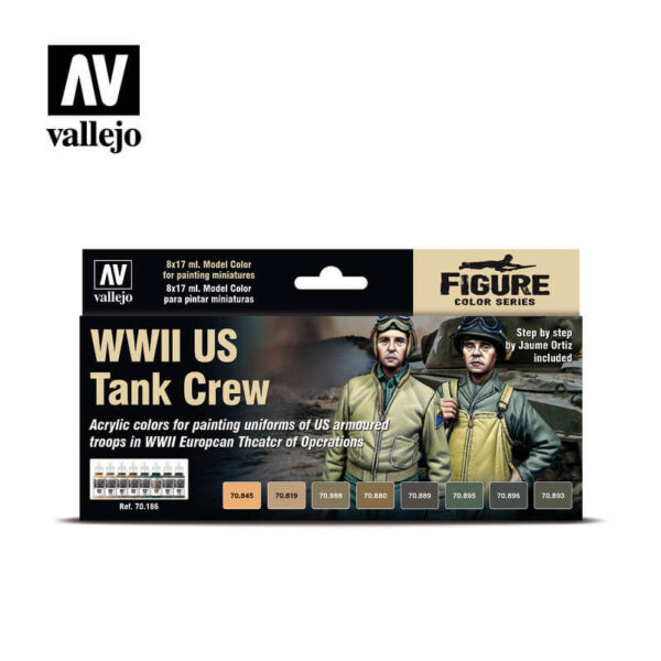 acrylicos vallejo AV70186 WWII US Tank Crew Set de 8 pinturas acrílicas de la gama Model Color. El set contiene los colores necesarios para pintar el mono HBT (Herring Bone Twill) y los pantalones de invierno de las tropas acorazadas americanas.