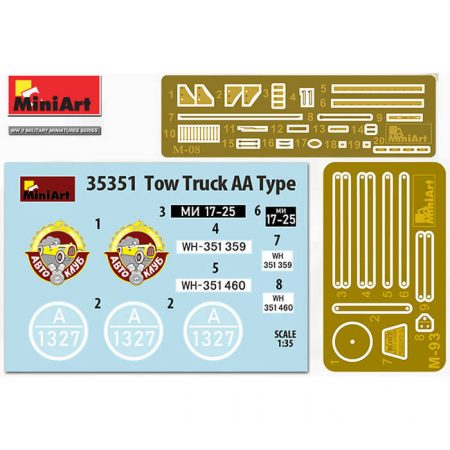 miniart 35351 Tow Truck AA Type Kit en plástico para montar y pintar, incluye fotograbado. Compartimento de motor, transmisión, dirección y freno muy detallados.