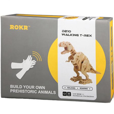 robotime rokr D210 Walking T-Rex Sound Control Series Kit en madera cortada con laser de precisión para montar un dinosaurio con control por sonido de 85 piezas.