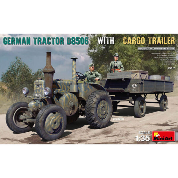 miniart 35317 German Tractor D8506 with Cargo Trailer Kit en plástico para montar y pintar. Incluye piezas en fotograbado y calcas. Contenido: Tractor, Trailer, 2 Figuras, 4 Bidones de combustible y 3 cajas de madera.