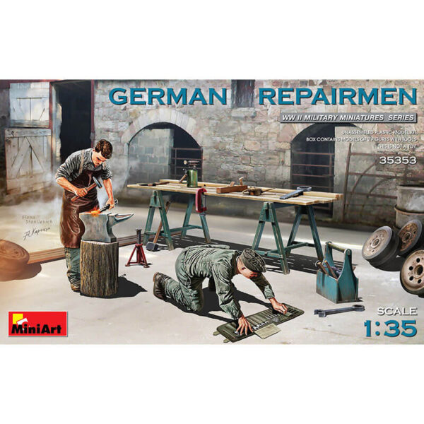 miniart 35353 German Repairmen WWII Military Miniatures Series Kit en plástico para montar y pintar. Incluye 2 figuras de mecánicos alemanes con herramientas y mesa de trabajo. Escala 1/35