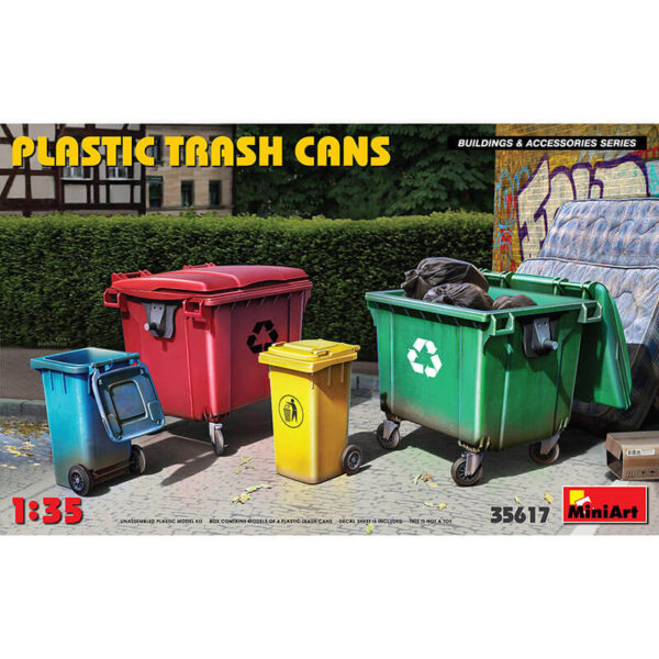 miniart 35617 Plastic Trash Cans Building & Accesories Series kit en plástico para montar y pintar. Contiene una selección de 4 contenedores de basura modernos. Escala 1/35