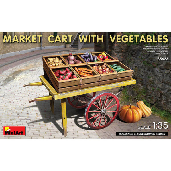 miniart 35623 Market Cart-with Vegetables Building & Accesories Series kit en plástico para montar y pintar. Contiene un carro, cajas de madera y verduras. Escala 1/35