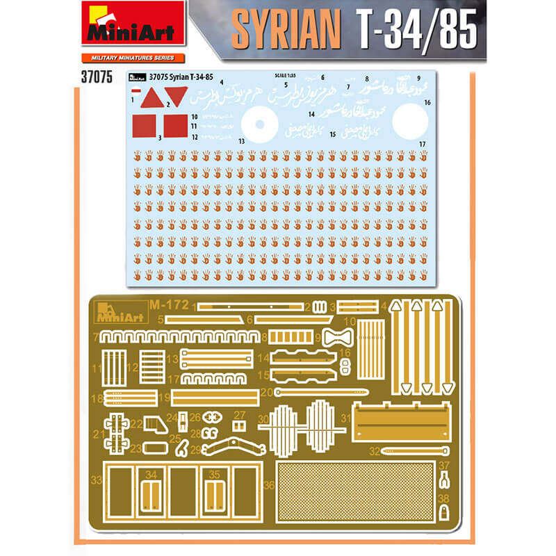 miniart 37075 SYRIAN T-34/85 Kit en plástico para montar y pintar. Incluye piezas en fotograbado y cadenas por eslabones individuales. Todas las escotillas se pueden montar en posición abierta o cerrada. Hoja de calcas con 4 opciones de decoración del ejército sirio en la Guerra de los 6 día y en la Guerra del Yom Kippur.