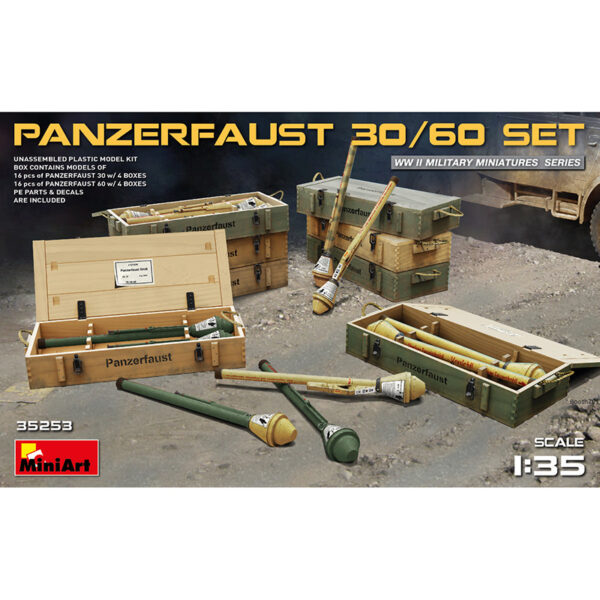 miniart 35253 1/35 Panzerfaust 30/60 Set Kit en plástico para montar y pintar, incluye fotograbados y calcas. 16 Panzerfaust 30 y 16 Panzerfaust 60 y las cajas de transporte correspondientes.