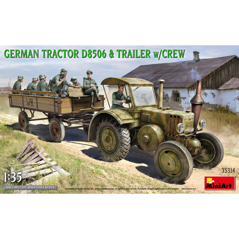 miniart 35314 1/35 German Tractor D8506 & Trailer With Crew Kit en plástico para montar y pintar, incluye piezas en fotograbado. Figura del conductor y de 10 soldados alemanes. Hoja de calcas con 2 decoraciones.
