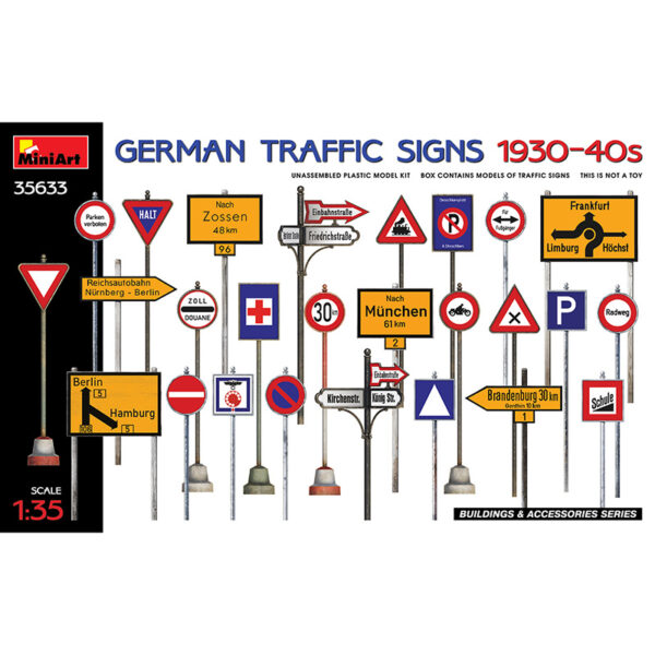 miniart 35633 1/35 German Traffic Signs 1930-40s kit en plástico para montar y pintar señales de tráfico alemanas de los años 1930-40. Incluye calcas.