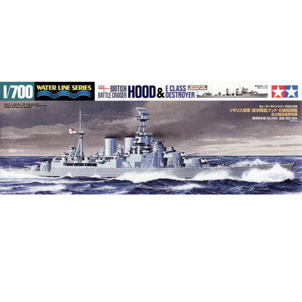 tamiya 31806 British Battle Cruiser Hood & E Class Destroyer Battle of the Denmark Strait 1/700 Water Line Series Kit en plástico para montar y pintar 2 maquetas completas.