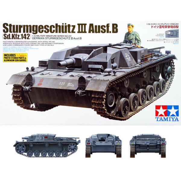 tamiya 35281 Sd.Kfz. 142 Sturmgeschütz III Ausf. B Kit en plástico para montar y pintar. Incluye interior detallado, 1 figura, fotograbado y cañón torneado.