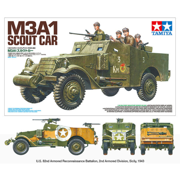 tamiya 35363 M3A1 Scout Car Kit en plástico para montar y pintar. Incluye interior detallado y 5 figuras de tropas soviéticas.