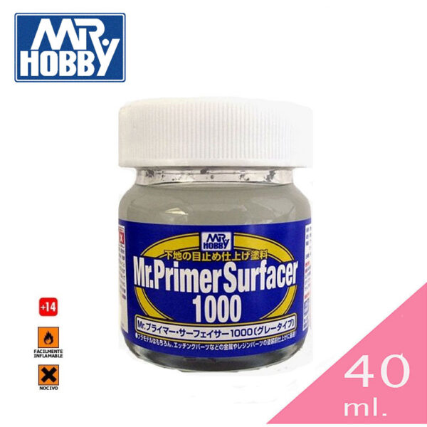 GUNZE SF287 Mr Primer Surfacer 1000 Grey Liquid 40ml Producto combinado de Surfacer + imprimación liquida. Fórmula mejorada especial para superficies plásticas o metálicas.