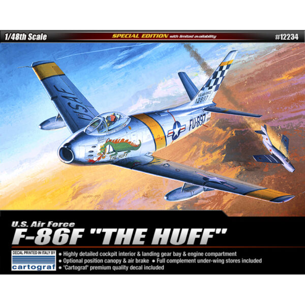 academy 12234 US Air Force F-86F "The Huff" Kit en plástico para montar y pintar. Hoja de calcas por cartograf: 39 FIS, 51 FIW (Lt. Jim Thompson), Junio 1953 Korean War