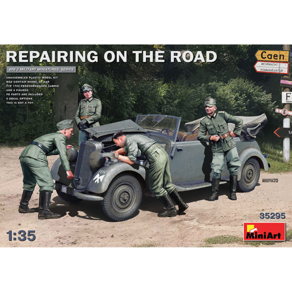 miniart 35295 Repairing on the road WWII Military Miniatures Series Kit en plástico para montar y pintar. TYP 170V Personenwagen Cabrio y 4 figuras.