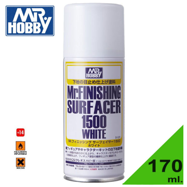 GUNZE B529 MR FINISHING SURFACER 1500 WHITE SPRAY - Imprimación blanca (170 ml) Imprimación en spray para plástico y metal de acabado superfino.