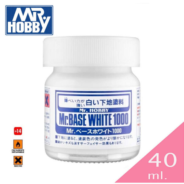 GUNZE SF283 MR BASE WHITE 1000 LIQUID PRIMER (40 ml) Imprimación ideal para transformar una figura con base negra, roja u otro color oscuro en un color más luminoso como es el blanco. Gracias a sus finas partículas puede aplicarse con pincel o con aerógrafo