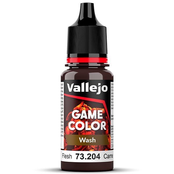 73204 Game Wash Flesh - Lavado Carne Los lavados son pinturas acrílicas transparentes y muy líquidas que se utilizan para el sombreado en figuras y vehículos. También se pueden utilizar como efectos de veladuras y filtros sobre otros colores. Presentación en botella 18ml