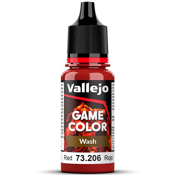 73206 Game Wash Red - Lavado Rojo Los lavados son pinturas acrílicas transparentes y muy líquidas que se utilizan para el sombreado en figuras y vehículos. También se pueden utilizar como efectos de veladuras y filtros sobre otros colores. Presentación en botella 18ml