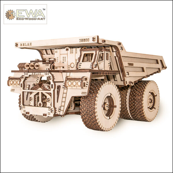 eco wood art Camión BELAZ 75600 Kit mecánico de construcción en madera del camión de minas BELAZ 75600. Motor de propulsión por banda de goma.