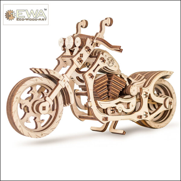 eco wood art Moto Cruiser Kit mecánico de construcción en madera de una moto estilo chopper.