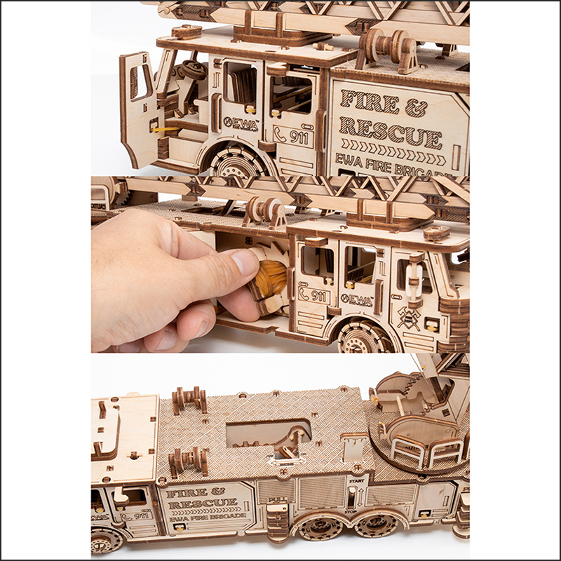 eco wood art Kit mecánico de construcción en madera de un camión de Bomberos. Motor de propulsión por banda de goma.