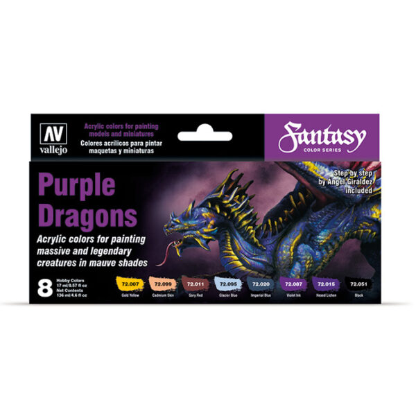 Acrylicos Vallejo 72.305 Purple Dragons Set Set de 8 colores Game color para pintar dragones en tonos purpura. Incluye instrucciones detalladas realizadas por Angel Giraldez que muestran el proceso de pintura.