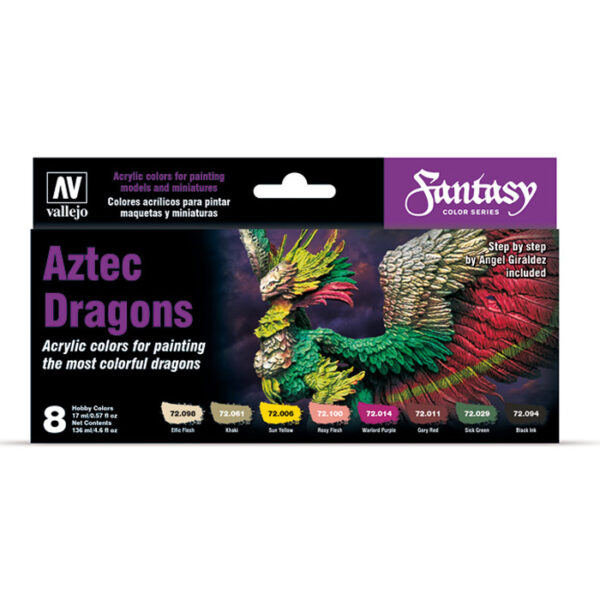 Acrylicos Vallejo 72306 Aztec Dragons Color Set Set de 8 colores Game color para pintar dragones inspirados el la mitología Azteca. Incluye instrucciones detalladas realizadas por Angel Giraldez que muestran el proceso de pintura de los dragones mas vistosos y coloridos.