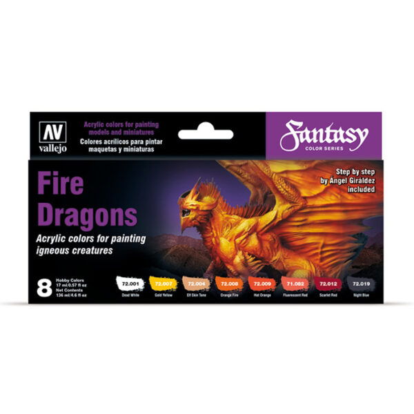 Acrylicos Vallejo 72.312 Fire Dragons Set Este set incluye 7 referencias de Game Color y 1 de Model Air, para decorar las ardientes bestias que pueblan los confines de la imaginación. Incluye instrucciones detalladas realizadas por Angel Giraldez que muestran el proceso de pintura de los dragones de fuego.