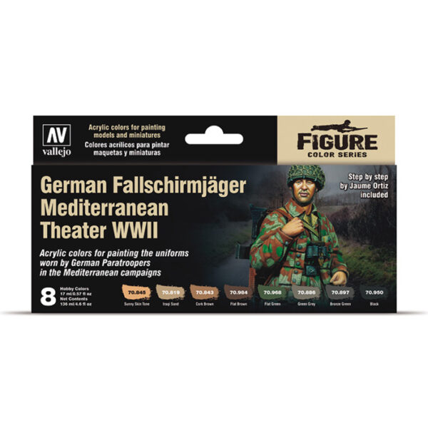 acrylicos vallejo 70.188 German Fallschirmjäger Mediterranean Theater WWII Set de 8 pinturas acrílicas de la gama Model Color para pintar el uniforme más característico de los paracaidistas alemanes en las campañas del teatro de guerra mediterráneo.