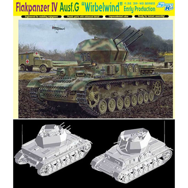 Dragon 6926 Flakpanzer IV Ausf.G Wirbelwind Early Production 2 in 1 Kit en plástico para montar y pintar. Incluye piezas en fotograbado, cadenas por eslabones individuales y 2 cascos: con Zimmerit y sin Zimmerit.