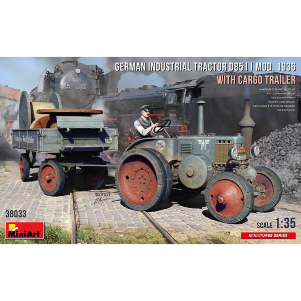 miniart 38033 German Industrial Tractor D8511 Mod.1936 with Cargo Trailer Kit en plástico para montar y pintar un tractor D8511 y un remolque.