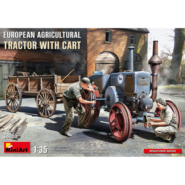 miniart 38055 European Agricultural Tractor with Cart Kit en plástico para montar y pintar un tractor Lanz Bulldog y un carro. Incluye piezas en fotograbado y 2 figuras de mecánicos. Escala 1/35