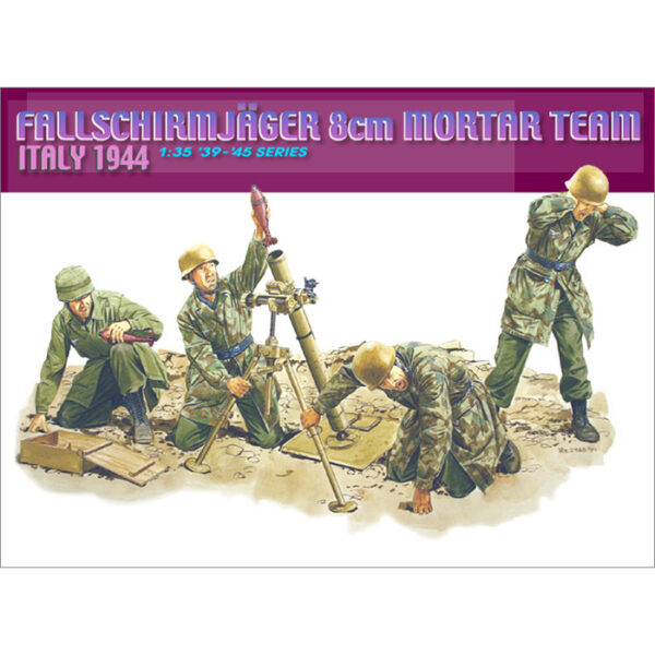 Dragon 6215 Fallschirmjager 8cm Mortar Team (Italy 1944) Kit en plástico para montar y pintar. Incluye 4 figuras de paracaidistas alemanes.