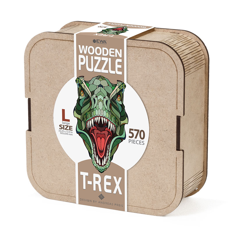 EWA Puzzle T-Rex (L) Rompecabezas de madera a color con piezas de formas inusuales para un montaje más divertido y emocionante.