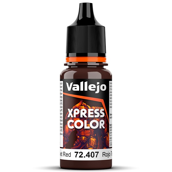 acrylicos vallejo 72407 Velvet Red - Rojo Terciopelo Xpress Color, colores mates de formulación específica que permiten pintar las miniaturas de una forma fácil y rápida.