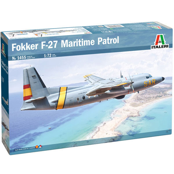 italeri 1455 Fokker F-27 Maritime Patrol Kit en plástico para montar y pintar. Hoja de calcas con 3 decoraciones: 2x España y 1x Holanda.