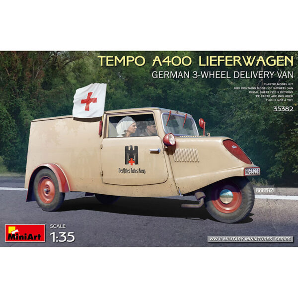 miniart 35382 Tempo A400 Lieferwagen. German 3-Wheel Delivery Van Kit en plástico para montar y pintar. Incluye piezas en fotograbado y detalle del motor.