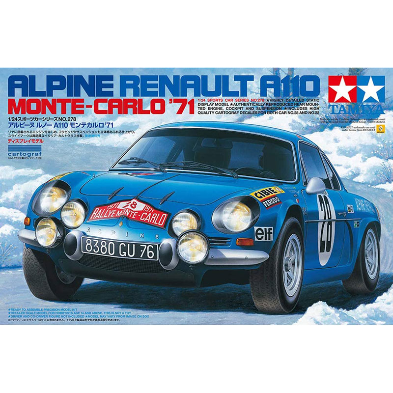 tamiya 24278 Alpine Renault A110 Monte Carlo '71 Kit en plástico para montar y pintar. Incluye 2 opciones de decoración: nº 28 y nº 22
