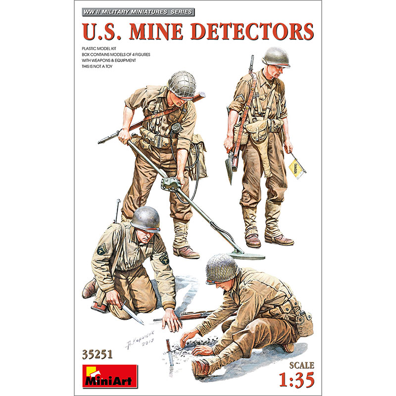 miniart 35251 U.S. Mine Detectors WWII Military Miniatures Series Kit en plástico para montar y pintar. Incluye 4 figuras de infantería americana con detectores de minas. Escala 1/35