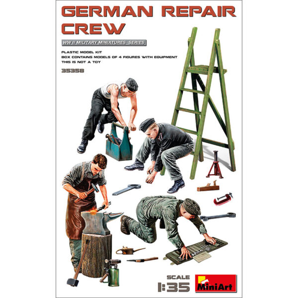 miniart 35358 German Repair Crew Kit en plástico para montar y pintar. Incluye 4 figuras de tripulantes alemanes en labores de reparación y mantenimiento.