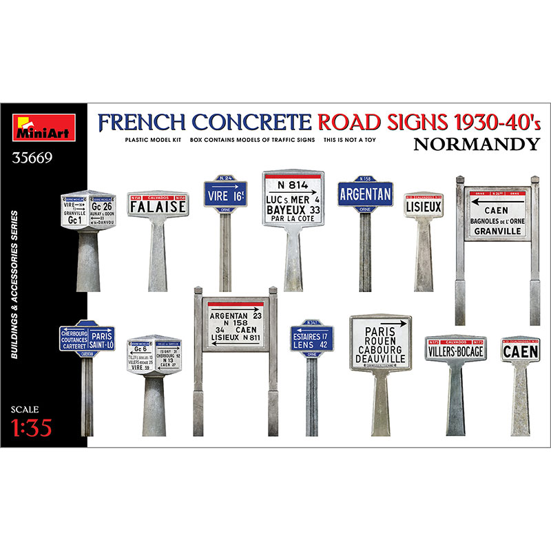 miniart 35669 French Concrete Road Signs 1930-40’S. Normandy kit en plástico para montar y pintar.