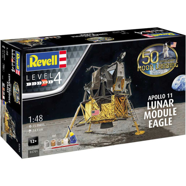 Revell 03701 Apollo 11 Lunar Module Eagle 1/48 kit en plástico para montar y pintar. Incluye pegamento, 4 colores y pincel.