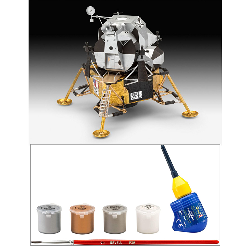 Revell 03701 Apollo 11 Lunar Module Eagle 1/48 kit en plástico para montar y pintar. Incluye pegamento, 4 colores y pincel.