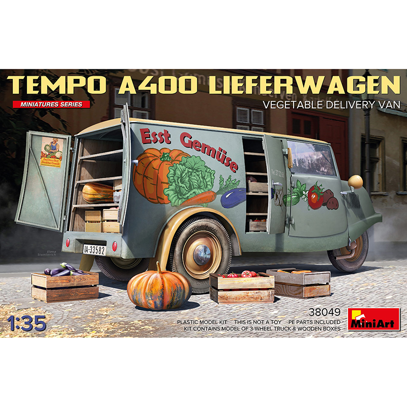 miniart 38049 Tempo A400 Lieferwagen Vegetable Delivery Van Kit en plástico para montar y pintar. Incluye piezas en fotograbado y detalle del motor.