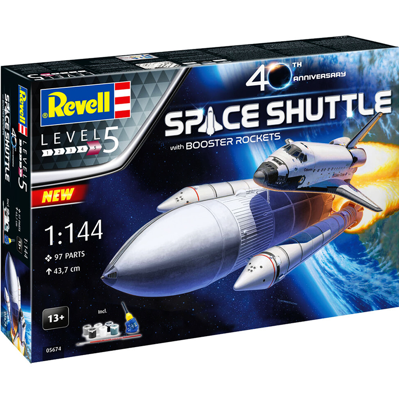 revell 05674 Space Shuttle & Booster Rockets 40 Aniversario kit en plástico para montar y pintar. Incluye pegamento, 6 colores y pincel. Piezas 97 Altura 172mm Escala 1/144