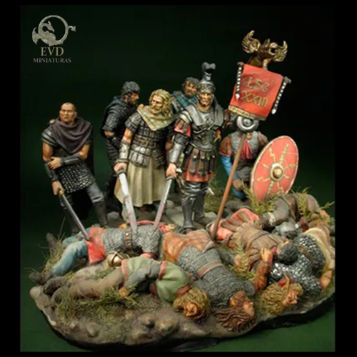 Rey Arturo en el Monte Badon. 516 AD Escena compuesta por 6 figuras de colección en metal blanco y una base en resina con 6 soldados muertos. Kit para montar y pintar. Escala 54mm / 1:32