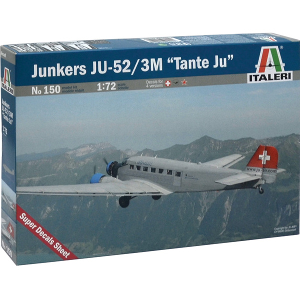 italeri 150 Junkers Ju - 52 / 3M ''Tante Ju'' 1/72 Kit en plástico para montar y pintar. Hoja de calcas con 4 decoraciones de aparatos civiles.