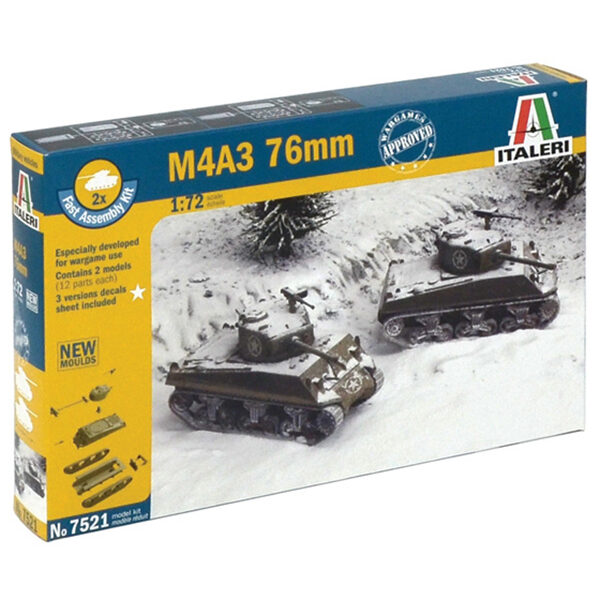 italeri 7521 Sherman M4A3 76mm 1/72 Kit en plástico de montaje fácil sin pegamento. Incluye 2 tanques completos. Hoja de calcas con 3 decoraciones.