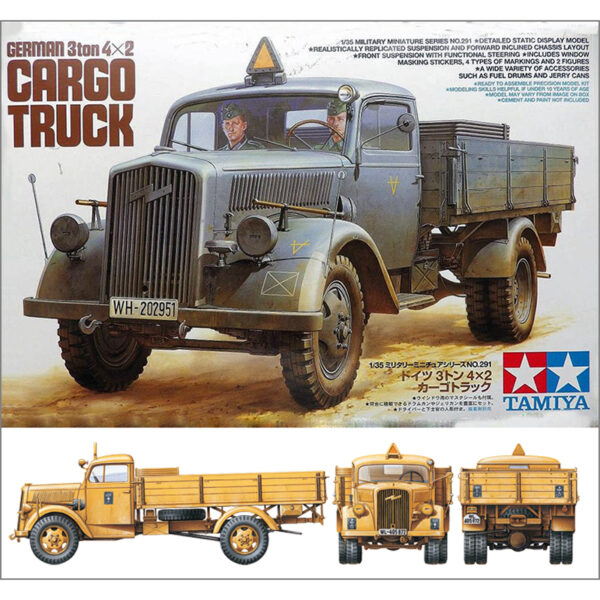 Tamiya 35291 Opel Blitz 3ton 4x2 Cargo Truck 1/35 Kit en plástico para montar y pintar. Incluye 2 figuras y set de bidones y latas. Hoja de calcas con 4 decoraciones.